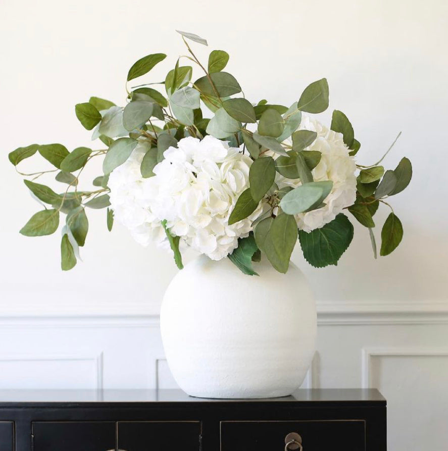White Faux Hydrangea and eucalyptus bouquet